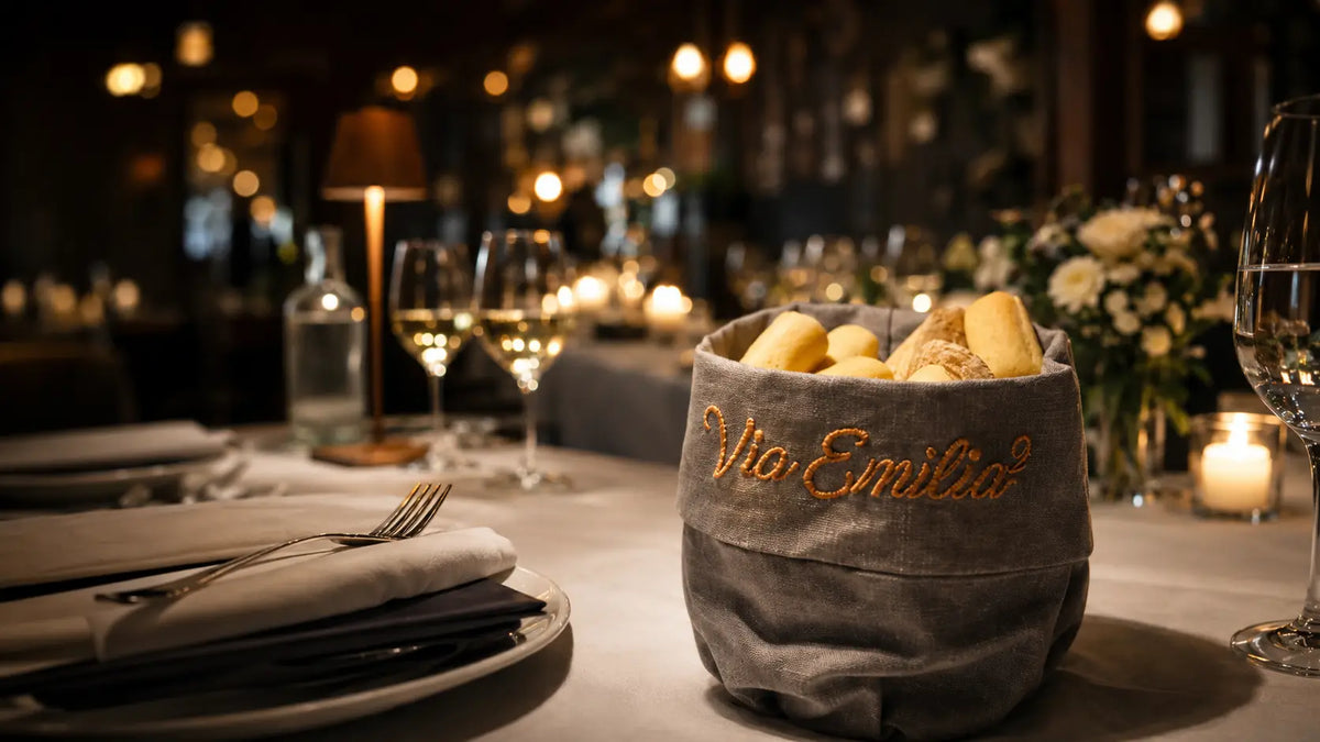 Custom embroidered bread basket for Via Emilia 9 in Miami Beach